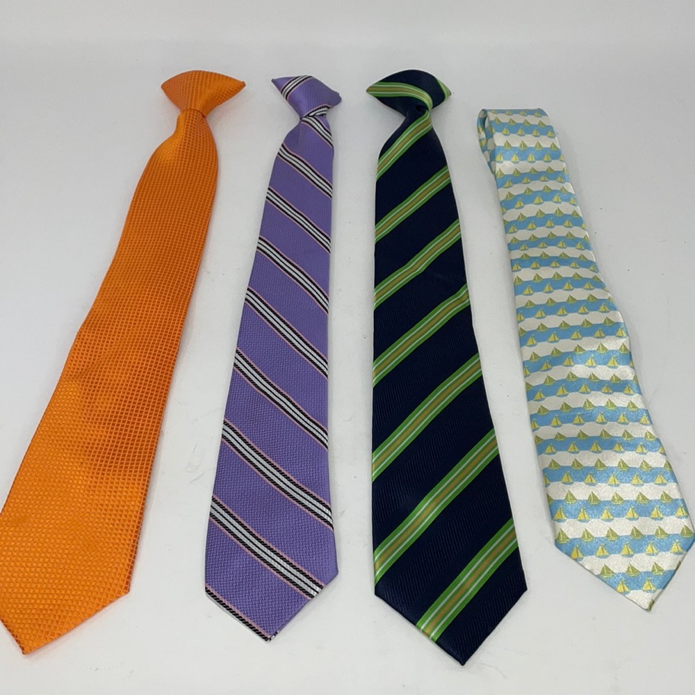 Lot of 4 Ties - 3 are clip on Orange, Purple/Pink, Blue/Green Sail Boat Blue